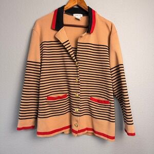 Talbots Cardigan Fall Knit Sweater Tan Black Red Stripe Button Front Academia Lg